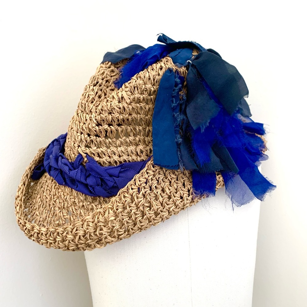 LANVIN Straw Hat with Blue Silk Chiffon Ribbons